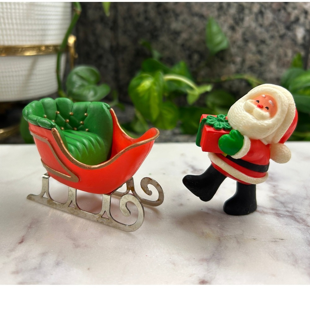 Vintage 1980 Hallmark Mini Santa and Sleigh Figurine Set Red Green Christmas